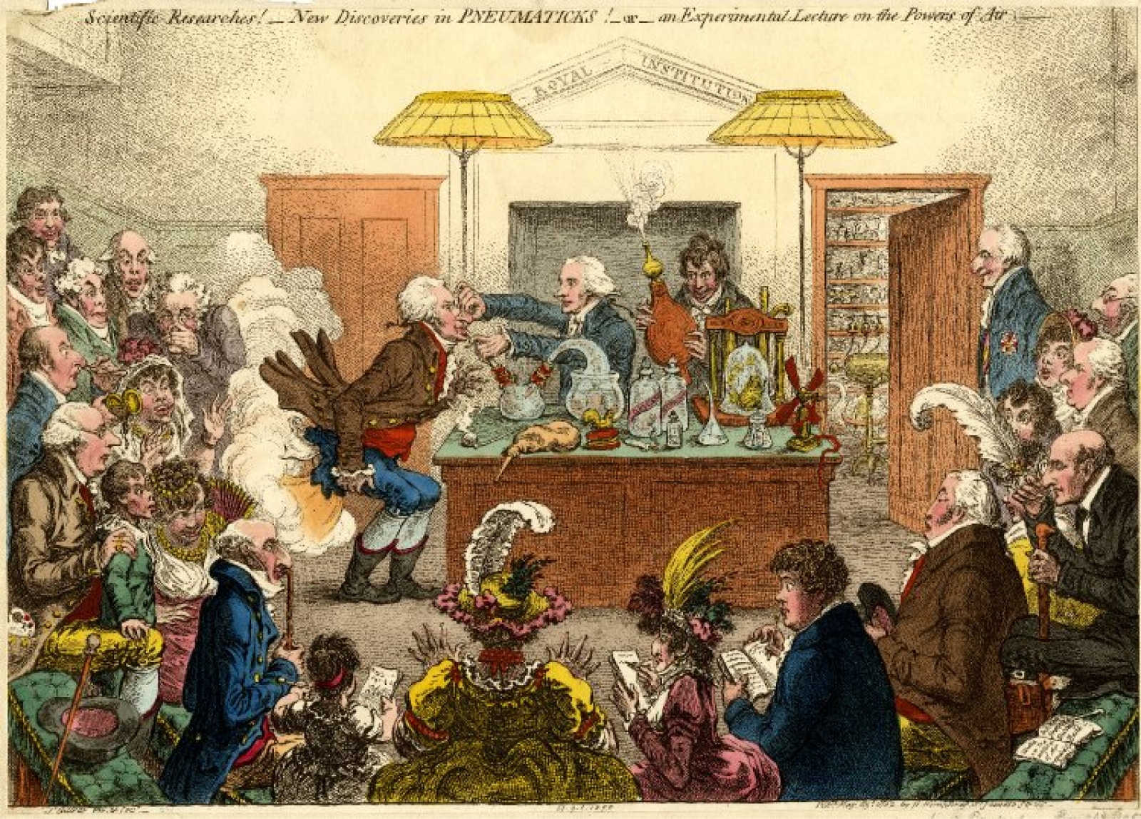 1802 satirical cartoon by James Gillray showing a Royal Institution lecture on pneumatics. Via Wikipedia.