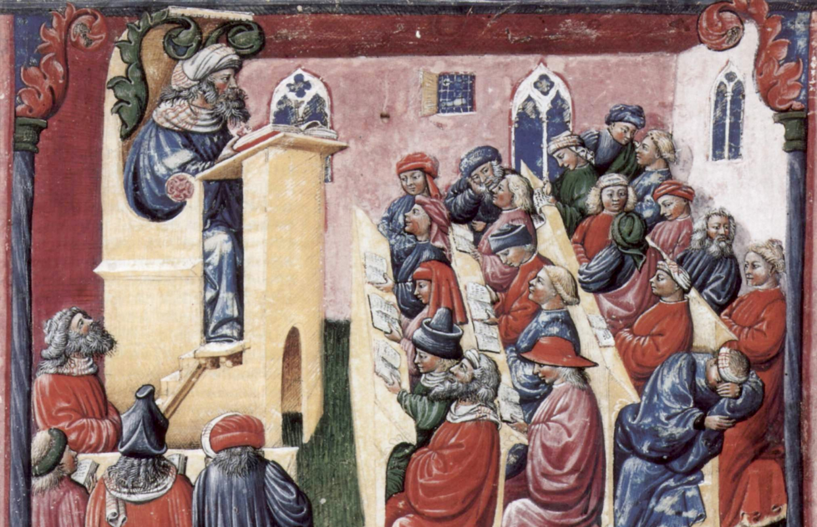 A university class, Bologna, 1350s. Image: Laurentius de Voltolina.